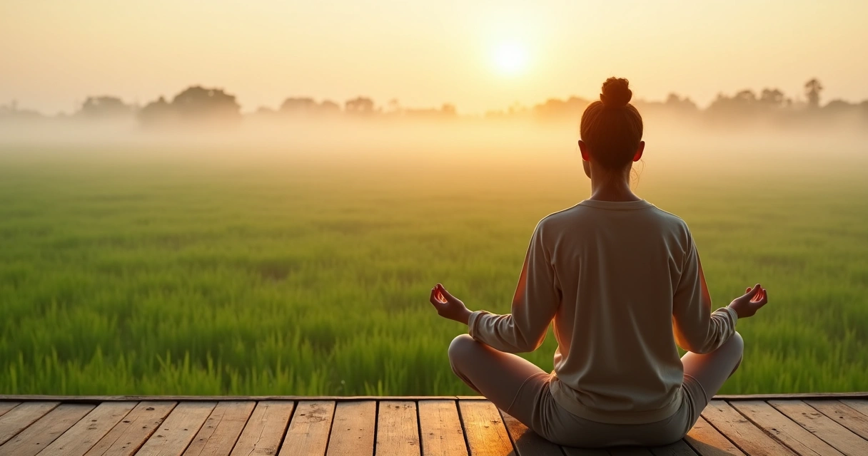 Pessoa sentada em posição de meditação com cenário natural ao fundo 