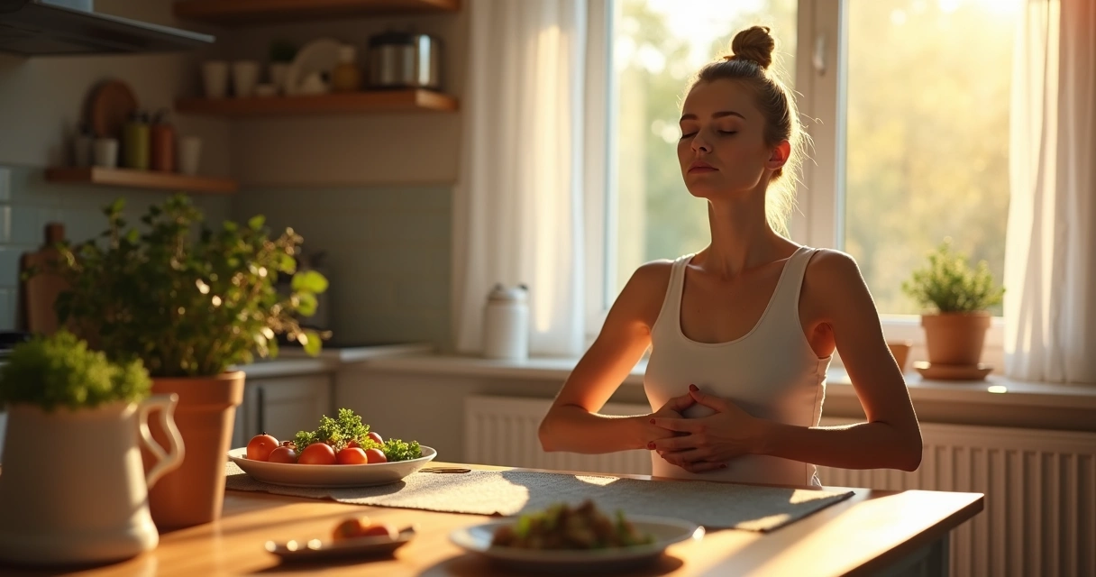 Persona practicando respiración consciente en un entorno acogedor antes de comer 