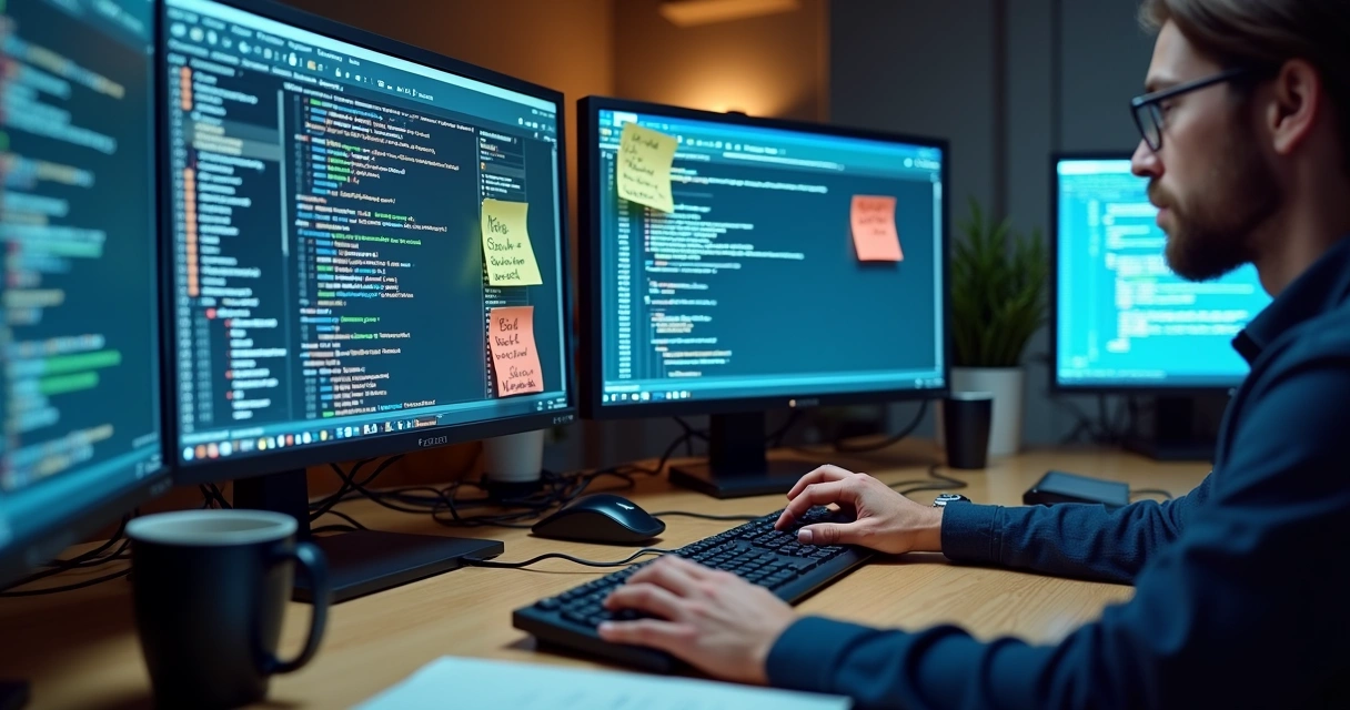 Testes técnicos de software com telas, componentes e erros marcados em monitores 