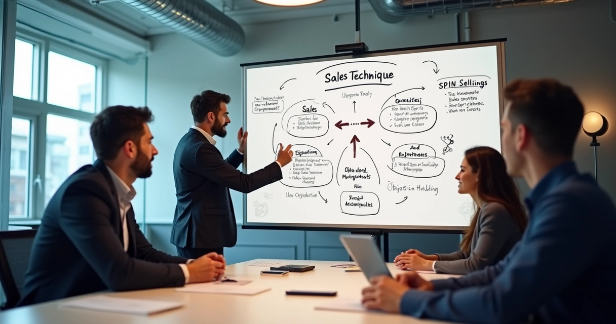 Quadro branco com técnicas de vendas escritas e equipe discutindo ao redor 