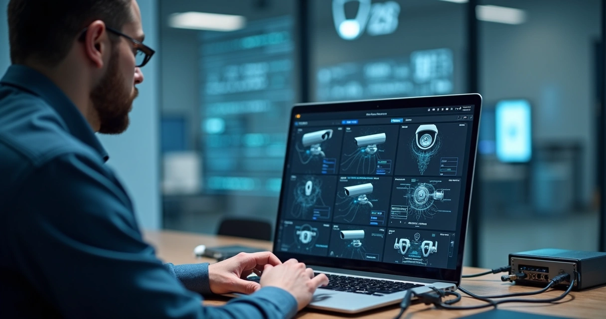 Técnico acessando câmera de segurança via notebook com interface digital aberta 