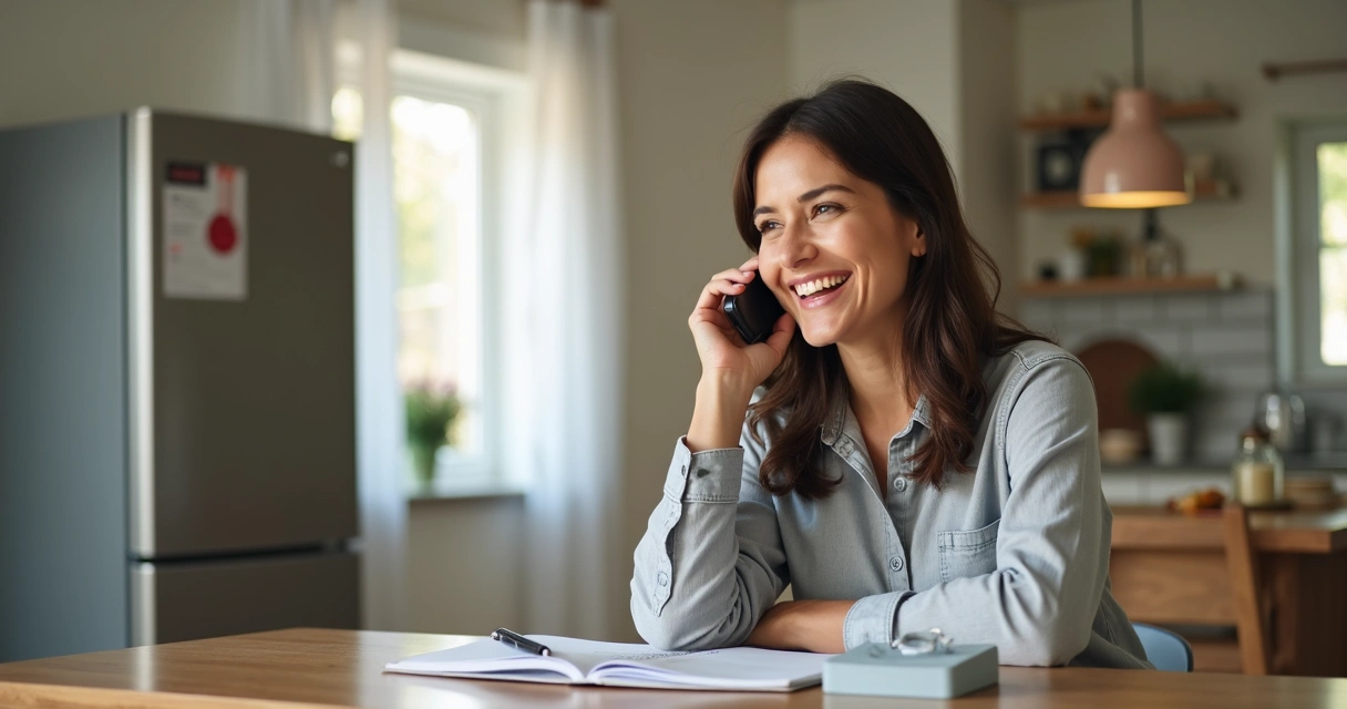 Cliente falando ao telefone com técnico agendando visita para eletrodoméstico LG em ambiente doméstico 