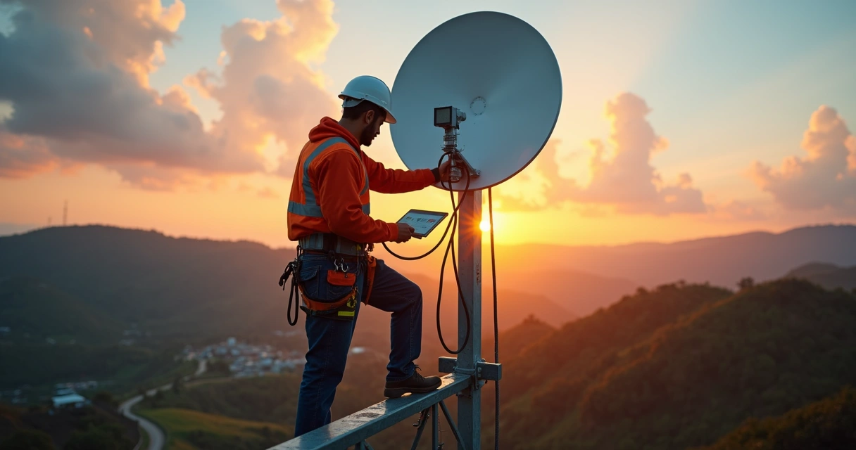 Técnico ajustando antena Ubiquiti em torre de provedor de internet regional 
