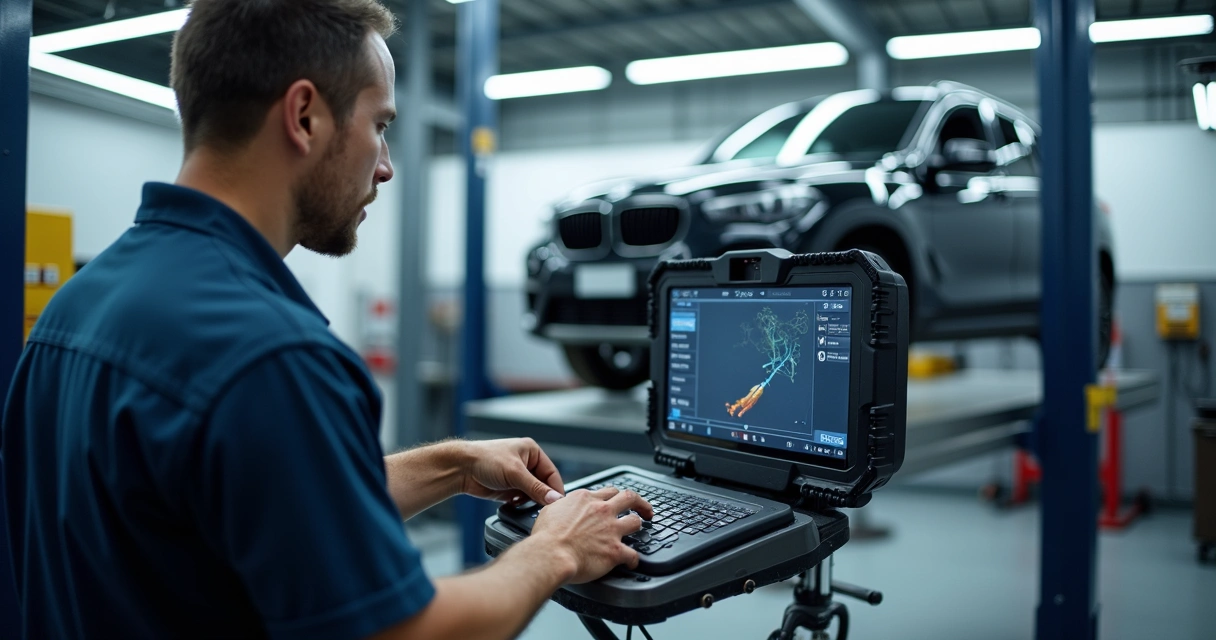 Técnico ajustando câmbio automático em oficina