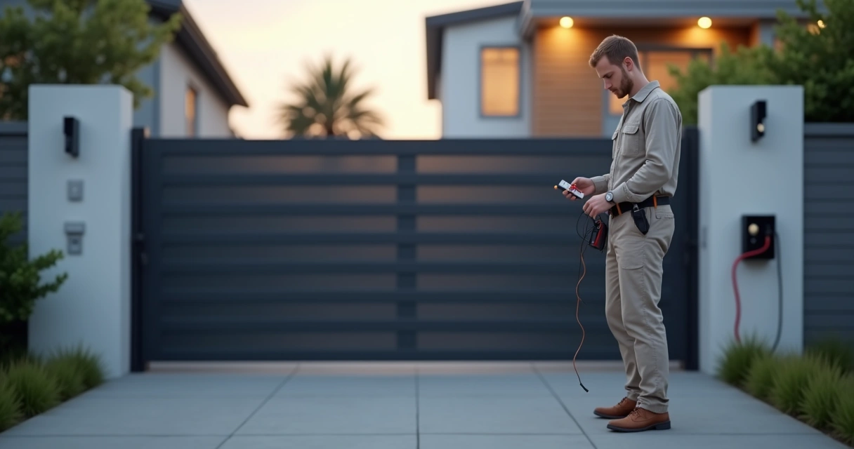 Técnico ajustando controle remoto de portão automático em frente à garagem 