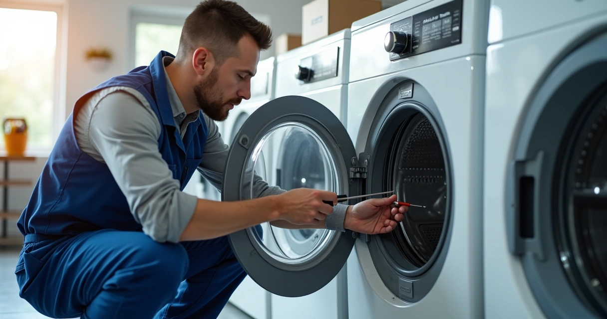 Técnico mexendo no painel de máquina de lavar aberta 