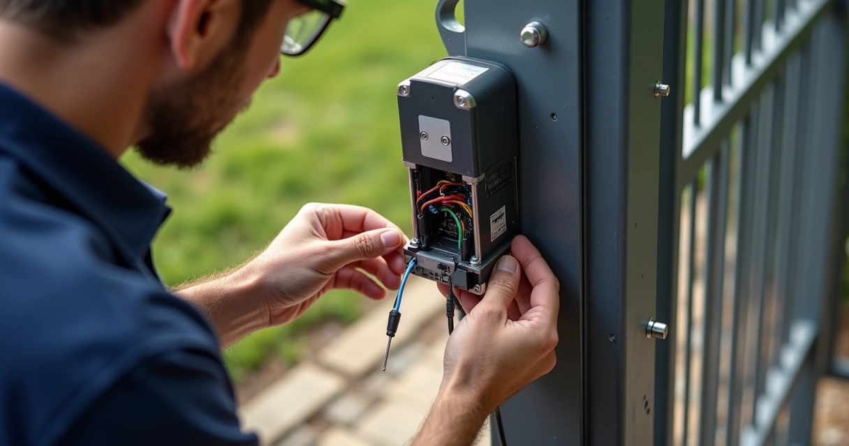 Técnico ajustando motor de portão eletrônico