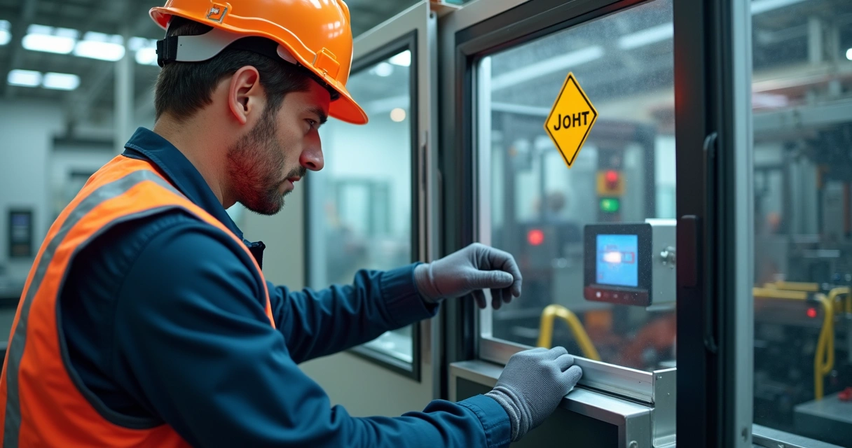 Técnico ajustando proteção de máquina industrial em operação