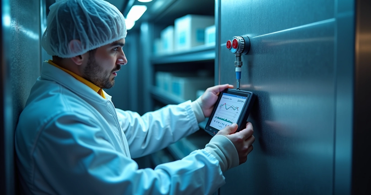 Técnico ajustando sensor dentro de câmara fria