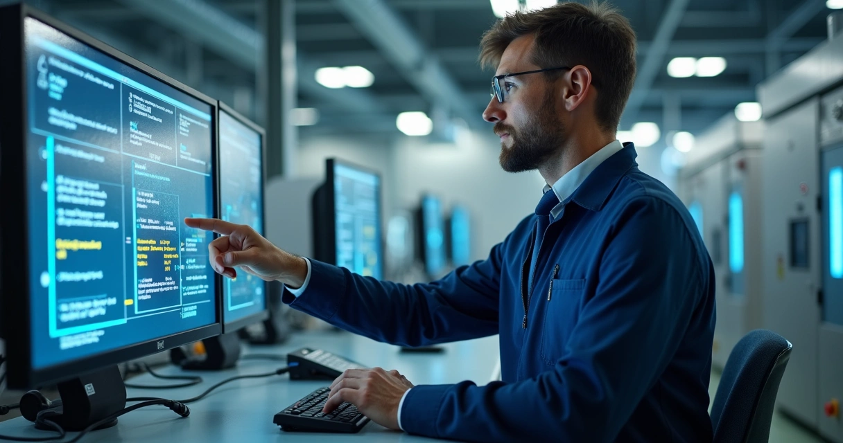 Técnico ajustando sistema preditivo industrial em estação de controle 