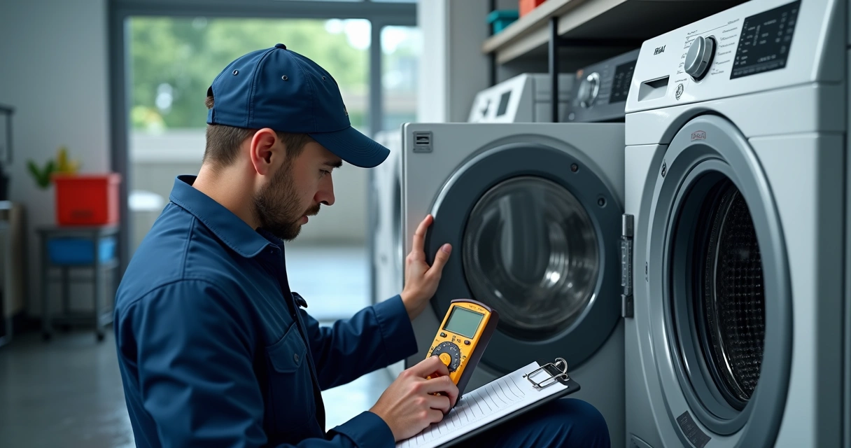 Técnico analisa eletrodoméstico com equipamentos após tempestade 