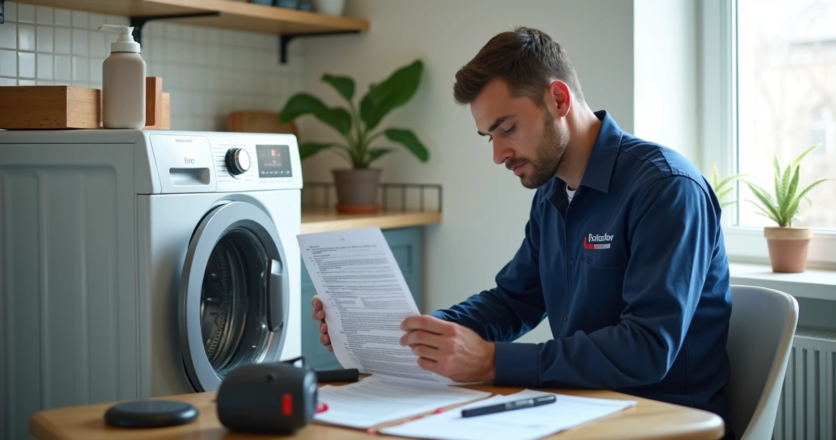 Técnico da MaqLav analisa manual com aparelho 