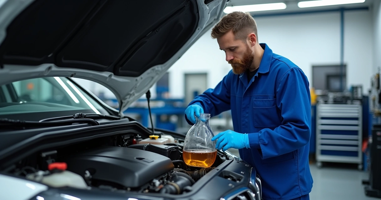 Técnico examinando fluido da transmissão diante de um veículo 
