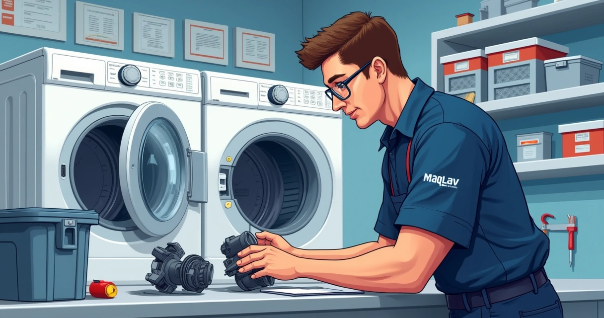 Técnico consertando máquina de lavar em bancada 