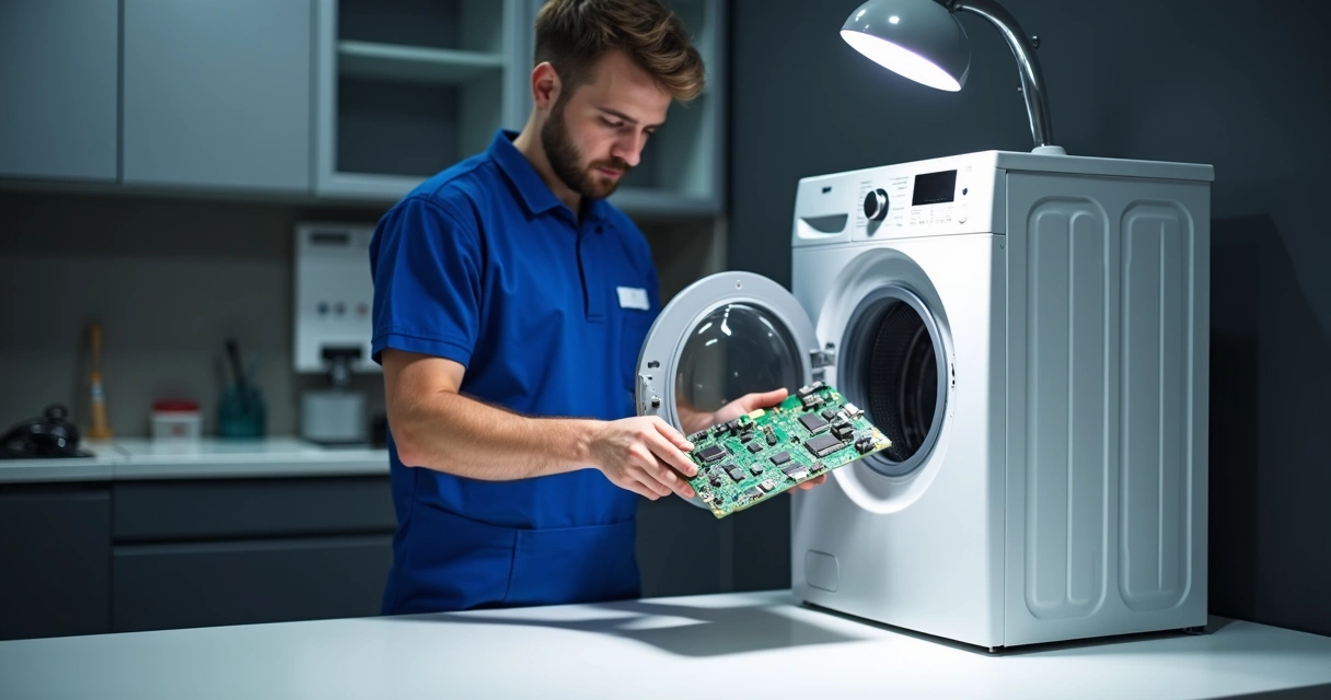 Técnico inspecionando placa eletrônica de lavadora 