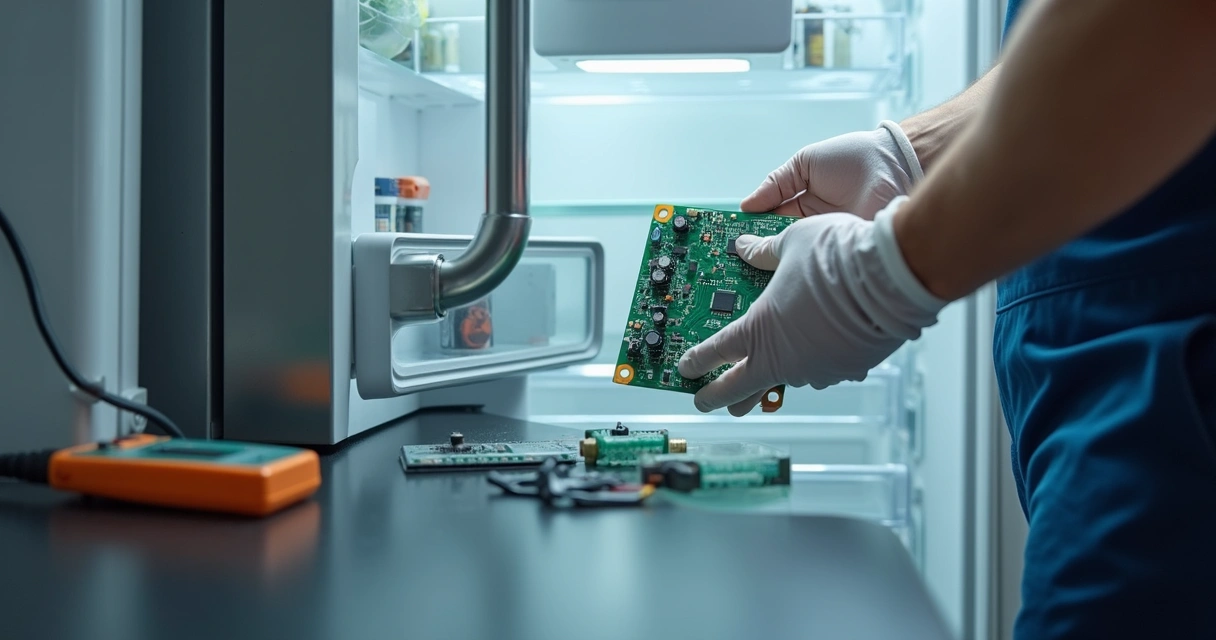 Técnico analisando placa eletrônica de geladeira