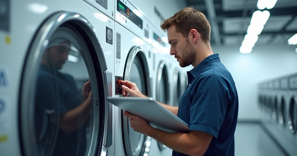 Técnico analisando o painel digital de uma lavadora 