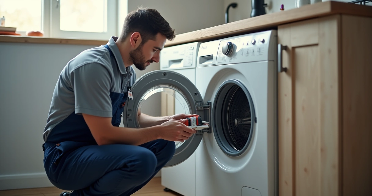Técnico analisando máquina de lavar em domicílio 