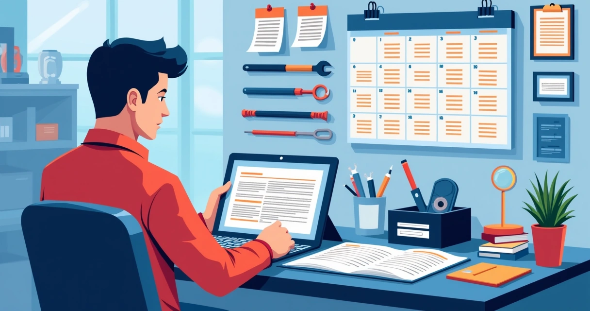 Técnico aprendendo procedimentos em tablet ao lado de bancada de ferramentas