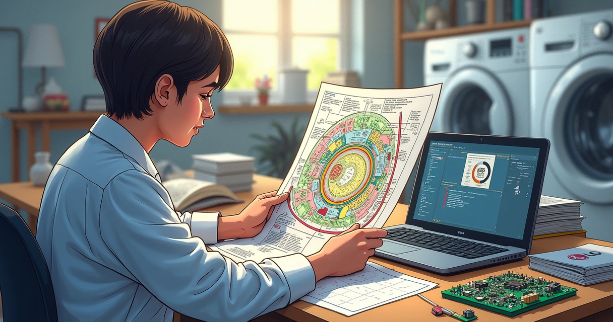 Técnico estudando esquema eletrônico de lavadora inteligente 