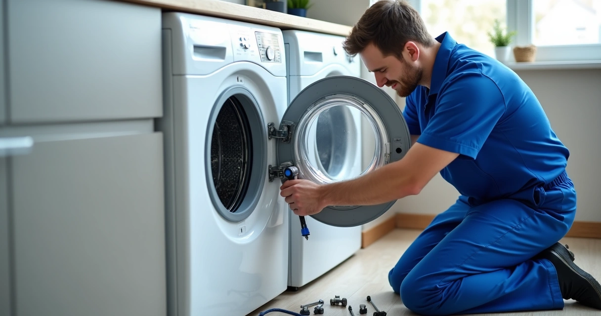 Técnico usando ferramentas para consertar lavadora aberta 
