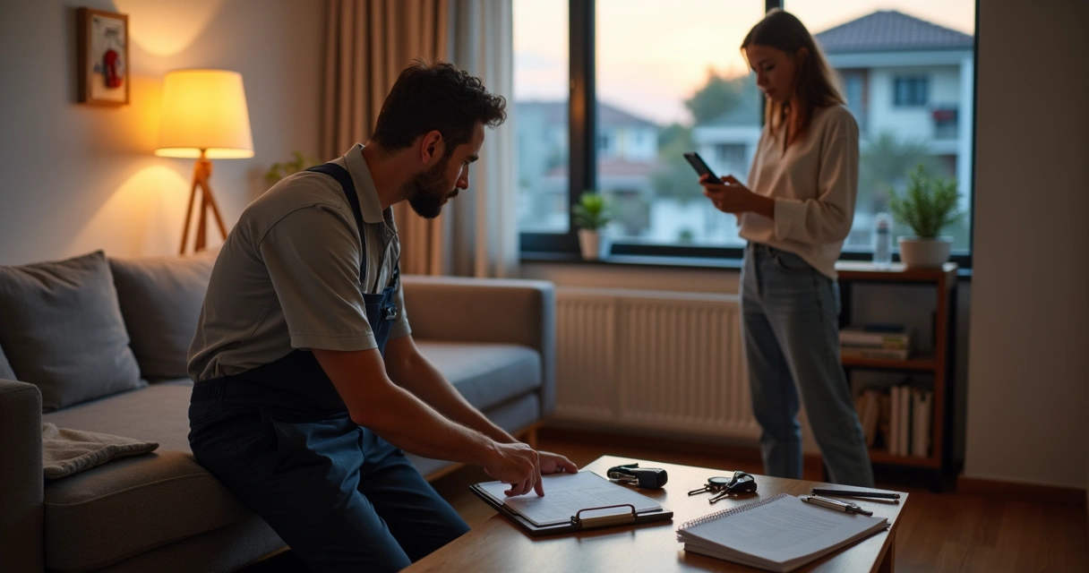 Técnico de assistência residencial e moradora analisam contrato na sala 