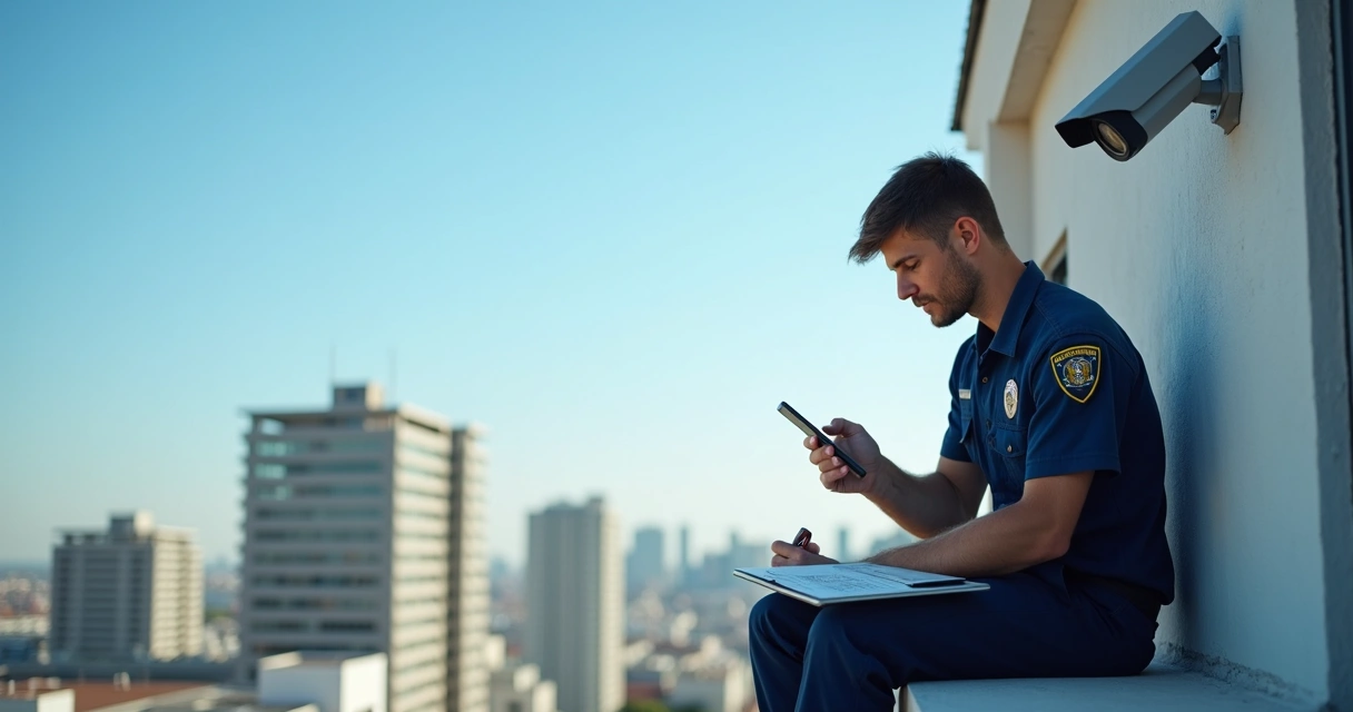 Técnico de segurança assistindo vídeo curto e prático em smartphone durante instalação 