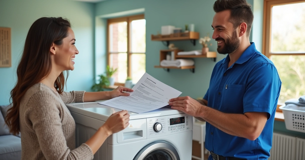 Técnico sorridente entregando máquina de lavar reparada para cliente 