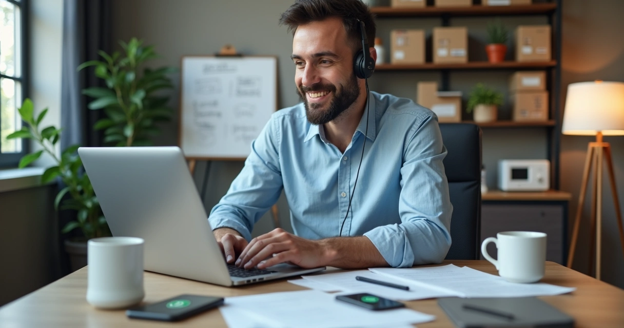 Técnico em uma mesa atendendo cliente pelo notebook 