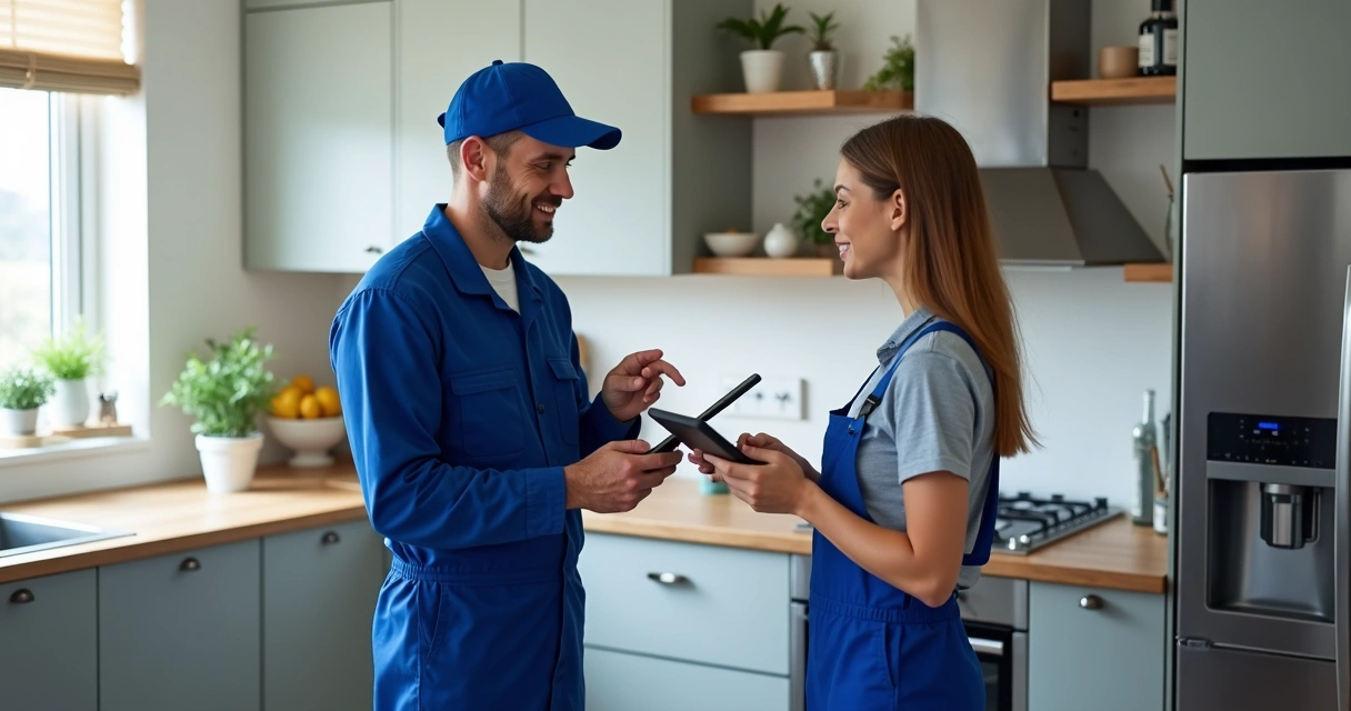 Técnico de eletrodoméstico atendendo cliente em casa 
