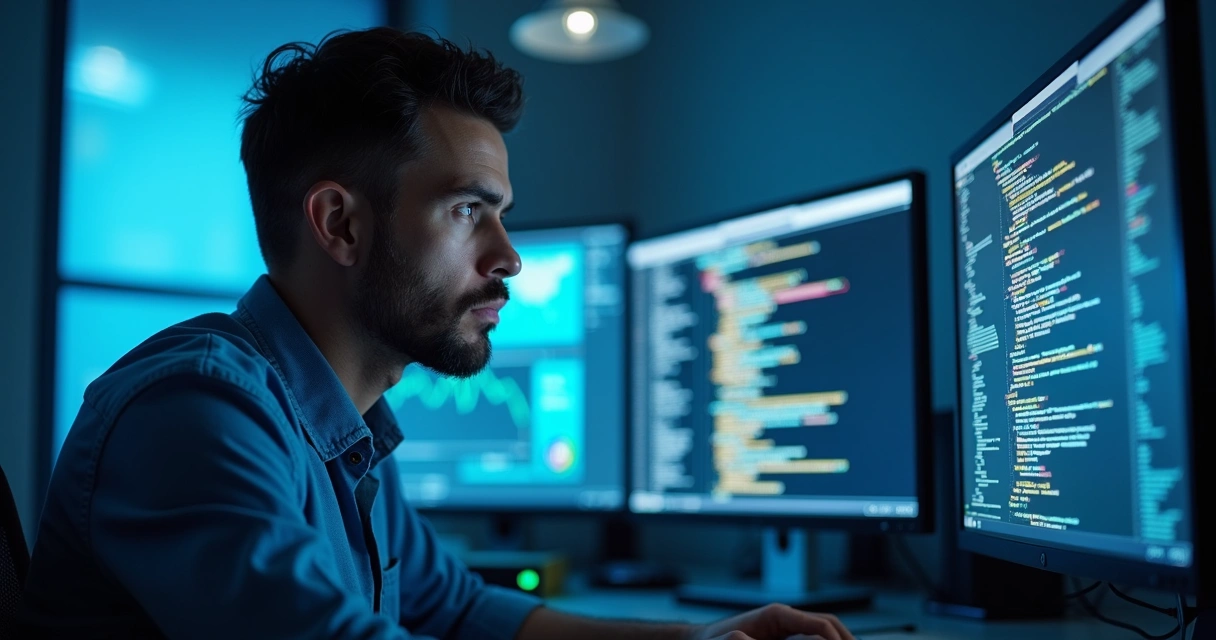 Técnico de TI em frente a telas de computador com código e gráficos 