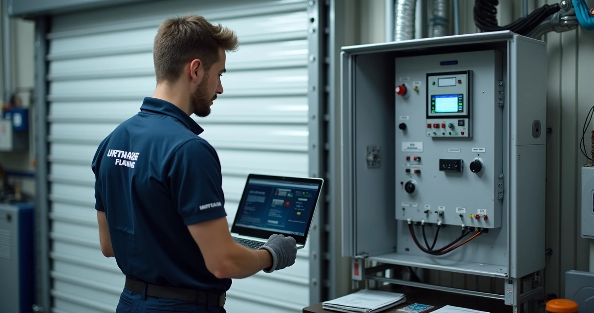 Técnico executando atualização de firmware em painel de porta automática 