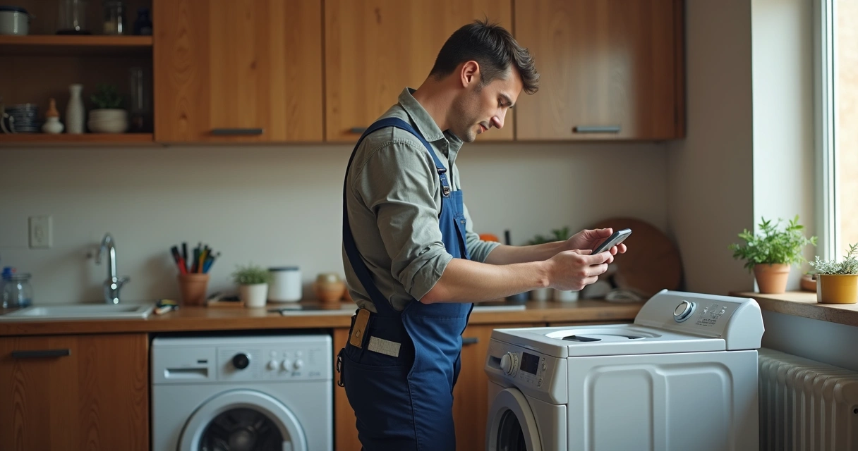 Técnico autônomo consertando máquina de lavar em cozinha de casa