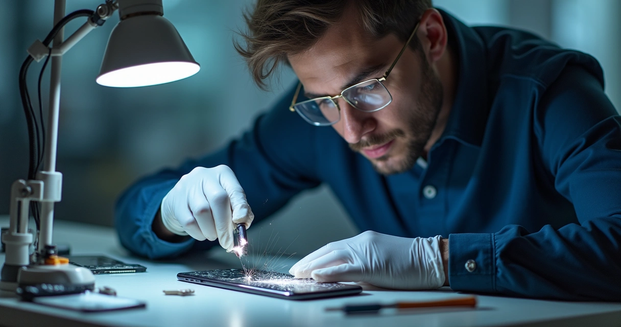 Técnico examinando visor de celular quebrado com lupa 