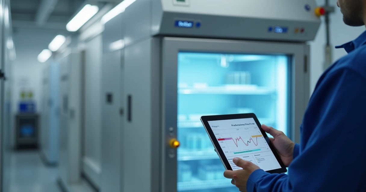 Técnico analisando sensor e gráfico preditivo em tablet