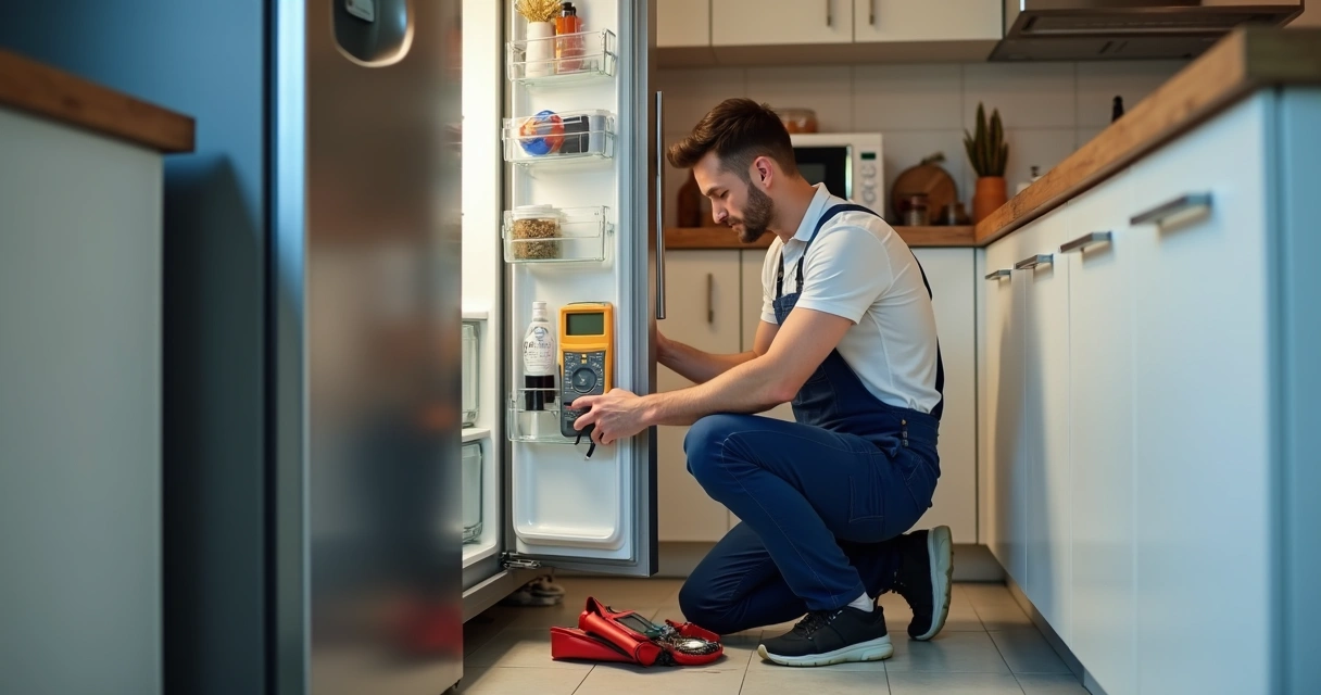 Técnico avaliando geladeira com ferramentas em cozinha