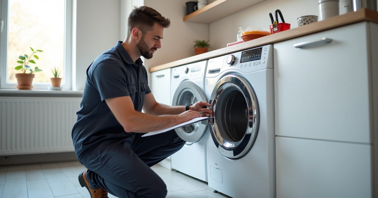 Técnico avaliando máquina de lavar em lavanderia residencial