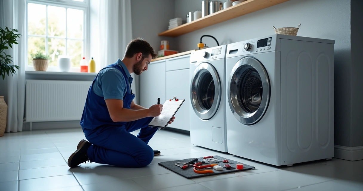 Técnico avaliando máquina de lavar com checklist e ferramentas