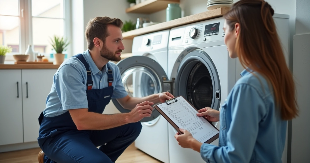 Técnico avaliando máquina de lavar com orçamento em mãos 