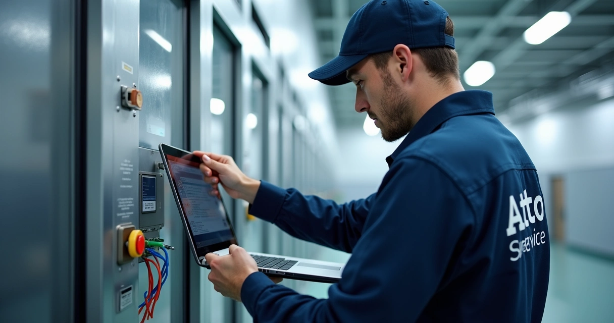 Técnico de manutenção realizando backup em central de porta automática 