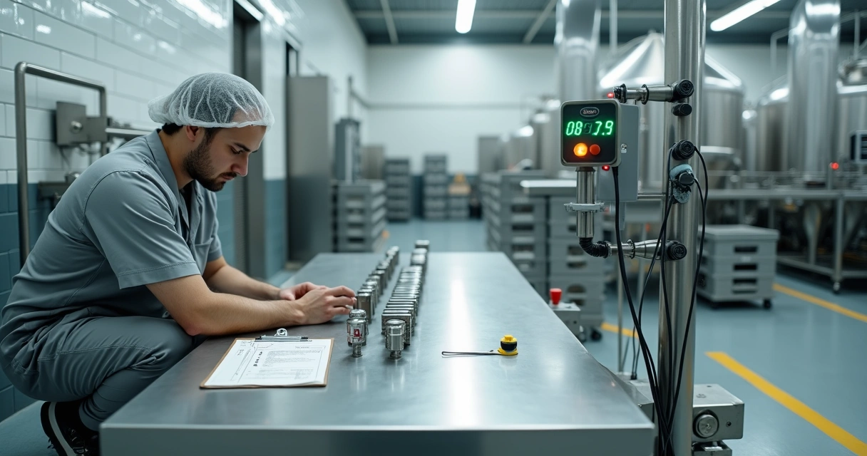 Técnico ajustando balança industrial com pesos padrão em fábrica de alimentos 