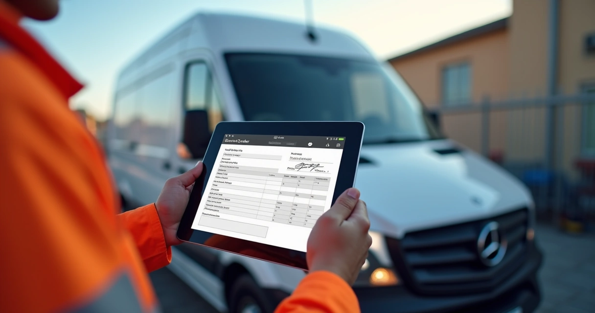 Técnico em campo usando aplicativo de ordem de serviço em tablet durante atendimento 