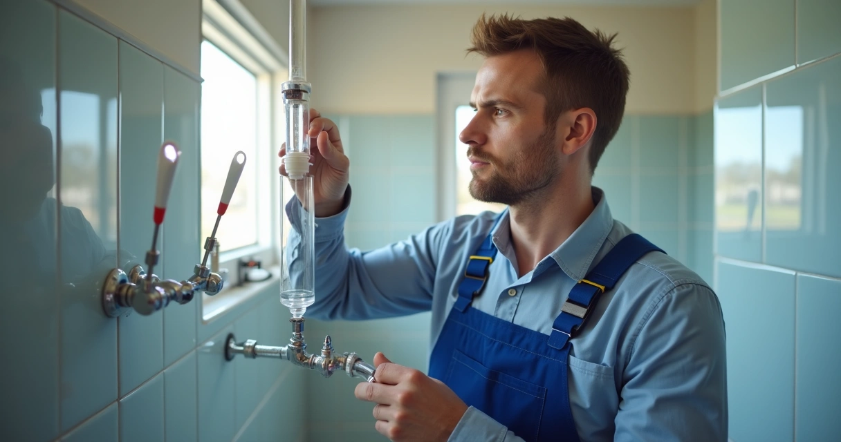 Técnico de canalização examinando cano com equipamento de inspeção 