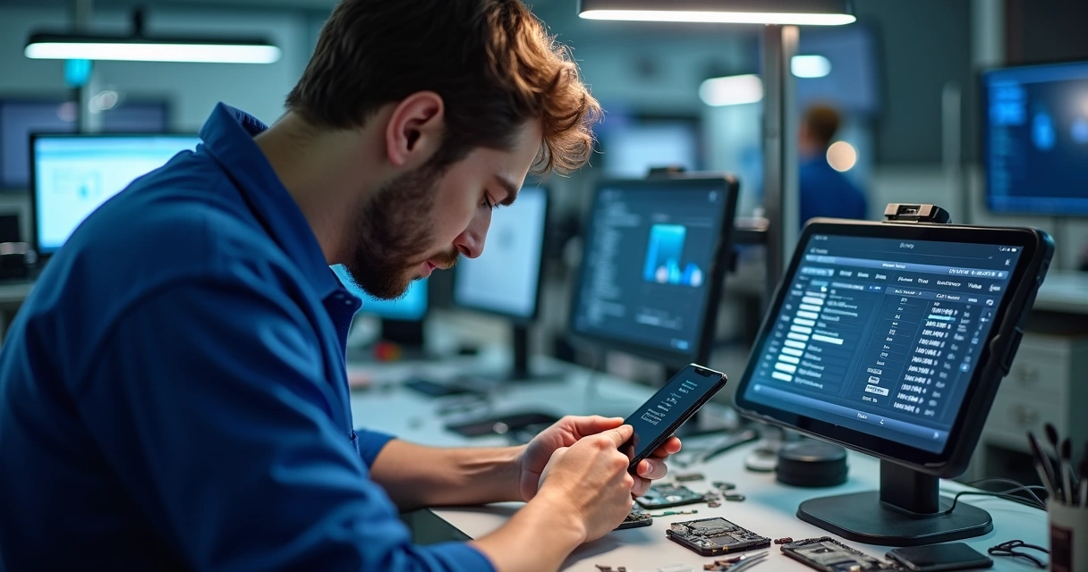 Técnico preenchendo checklist digital em bancada de celular 