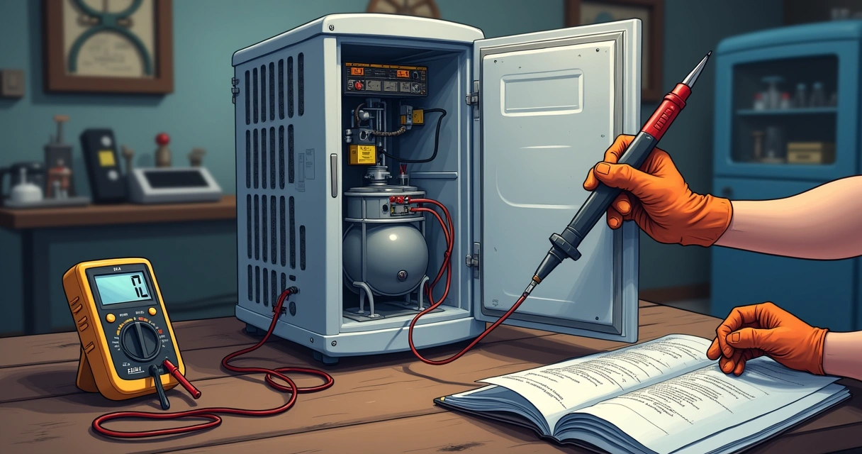 Técnico testando compressor de geladeira desmontado 