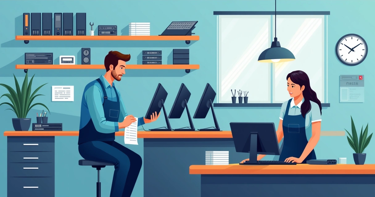 Técnico ajustando computadores em loja de assistência técnica