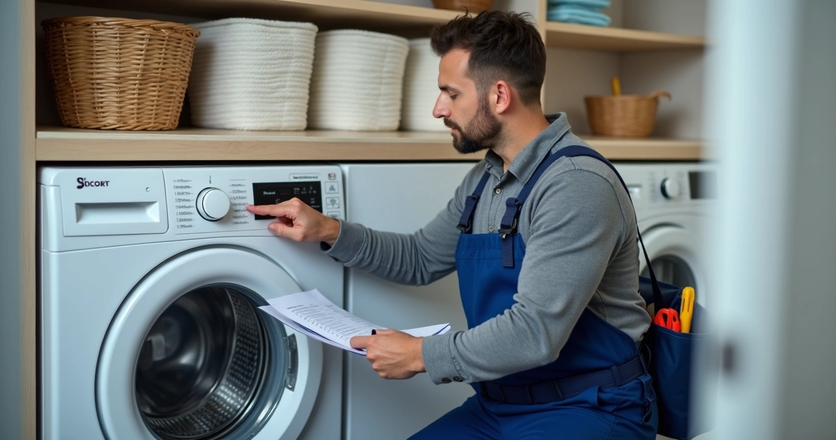 Técnico conferindo painel de lavadora em domicílio 