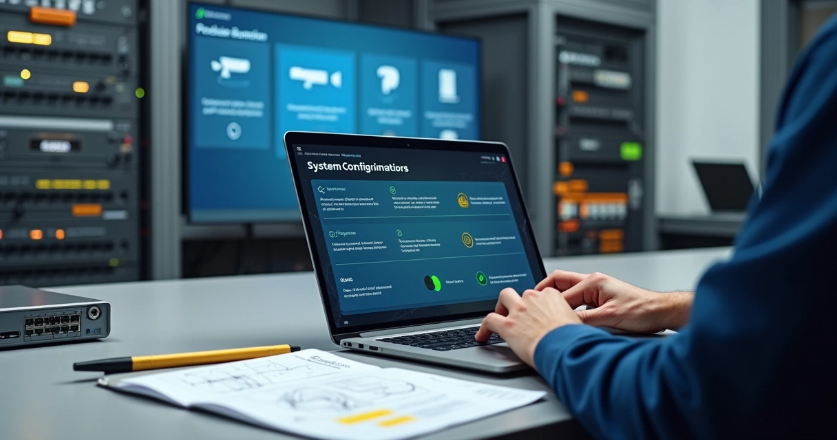 Técnico configura sistema de segurança em laptop com painéis e equipamentos ao fundo 