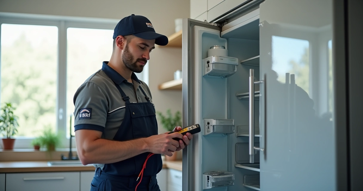 Técnico uniformizado da assistência técnica mexicano arrumando geladeira aberta em cozinha moderna. 