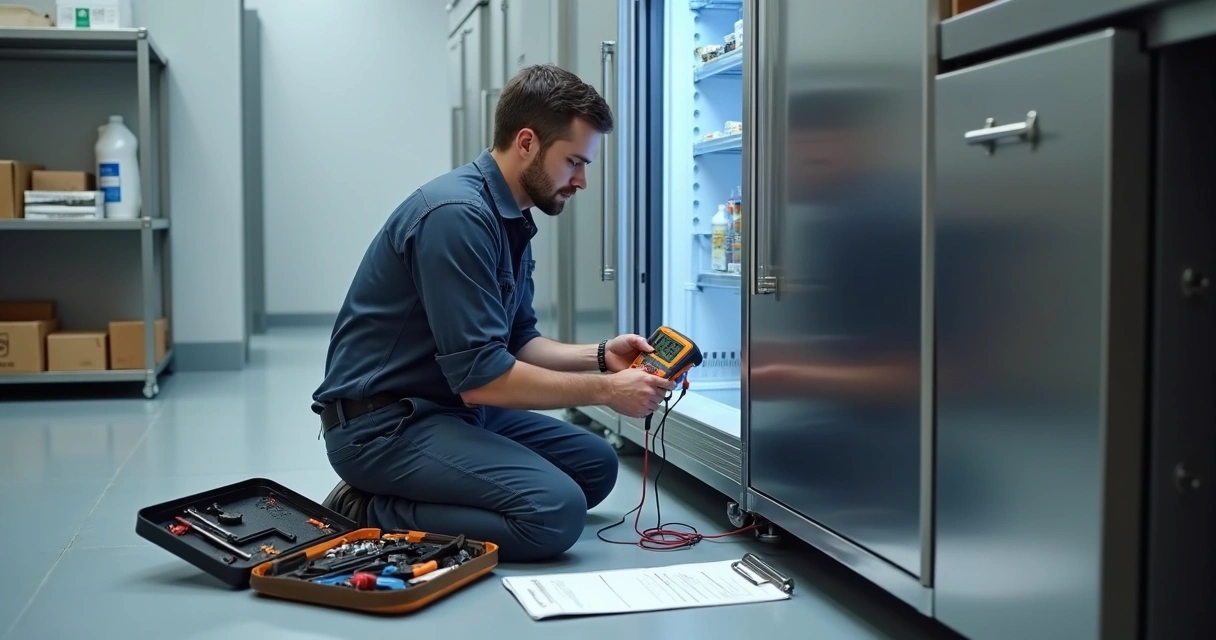 Técnico consertando freezer comercial com ferramentas ao lado 